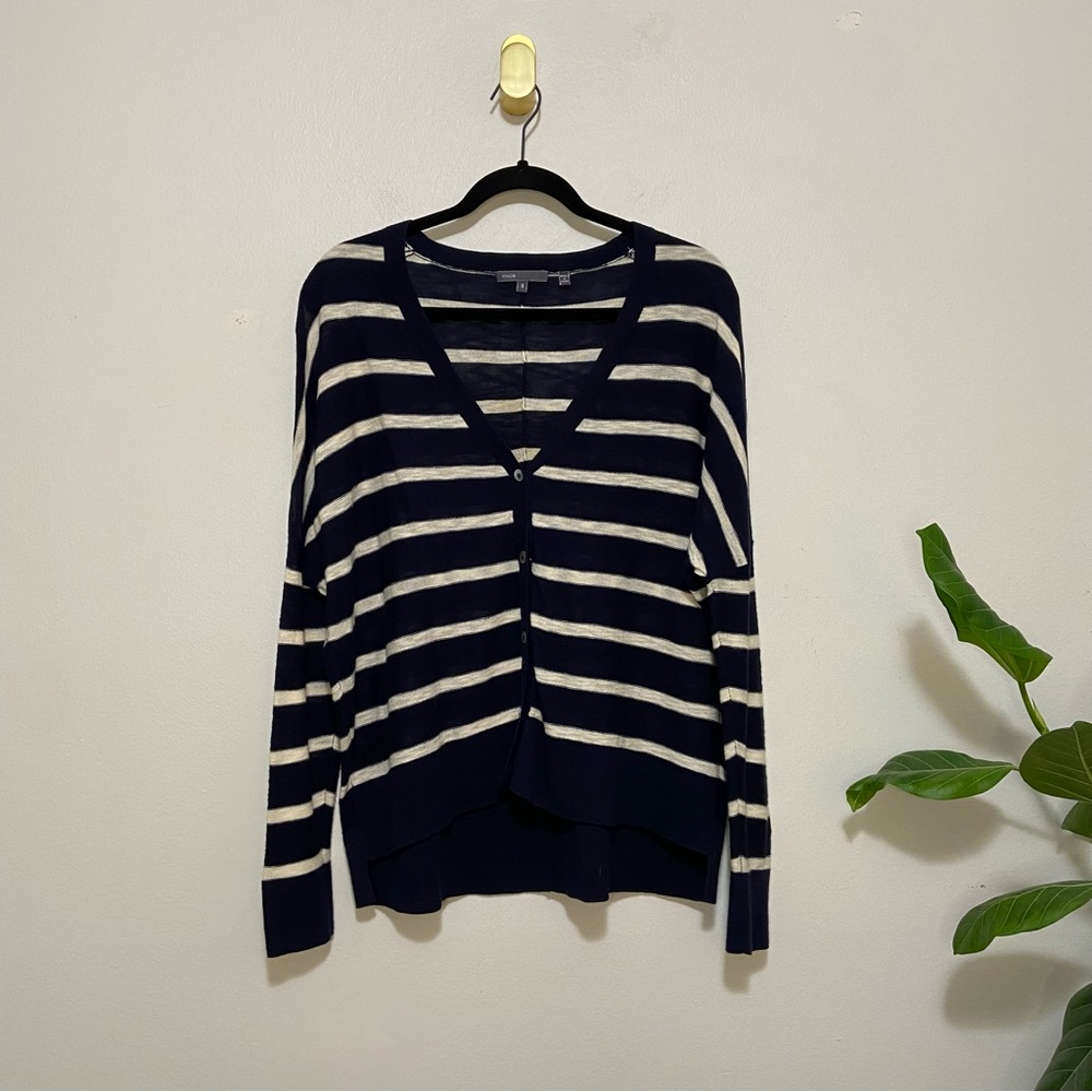 Vince Navy White Stripe V-Neck Drop Shoulder Button Front Cardigan